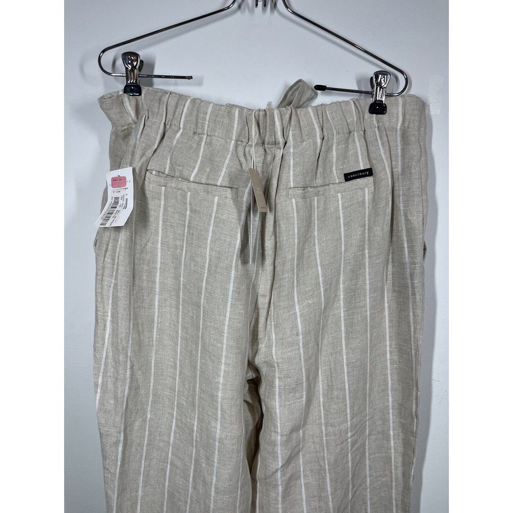 Sanctuary Women's 100% Tan Linen White Striped Pants Tie Waist Pockets Size 29 - Picture 10 of 16